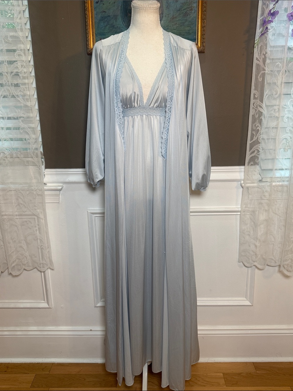 Vintage Miss Elaine Small Blue Nylon Nightgown Robe Set ILGWU USA